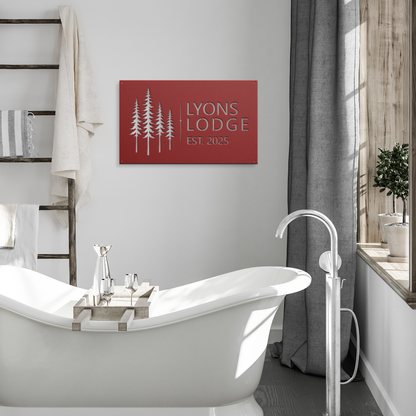 Red custom pine tree lodge metal sign in modern room — personalized cabin lodge wall art