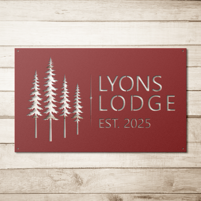 Red custom pine tree lodge metal sign on wood background — personalized cabin lodge wall art