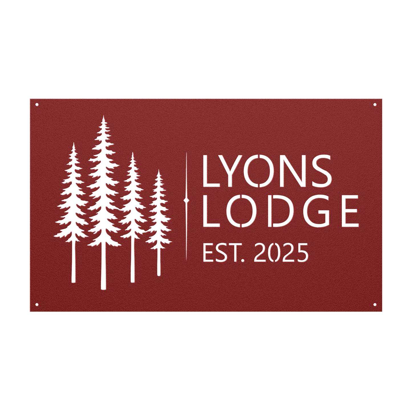 Custom pine tree lodge metal sign in red — personalized pine tree cabin name wall art