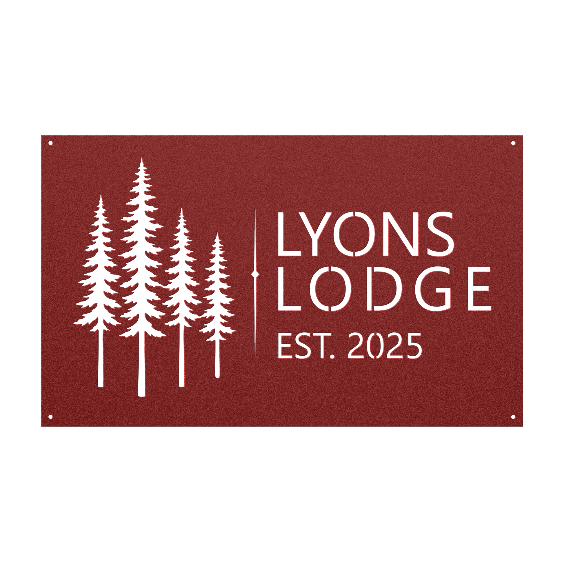 Custom pine tree lodge metal sign in red — personalized pine tree cabin name wall art