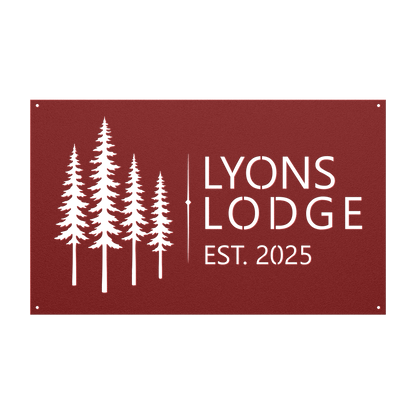 Custom pine tree lodge metal sign in red — personalized pine tree cabin name wall art