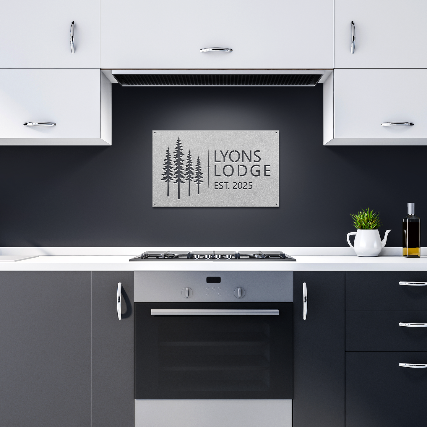 Silver custom pine tree lodge metal sign in dark kitchen — personalized cabin lodge wall art