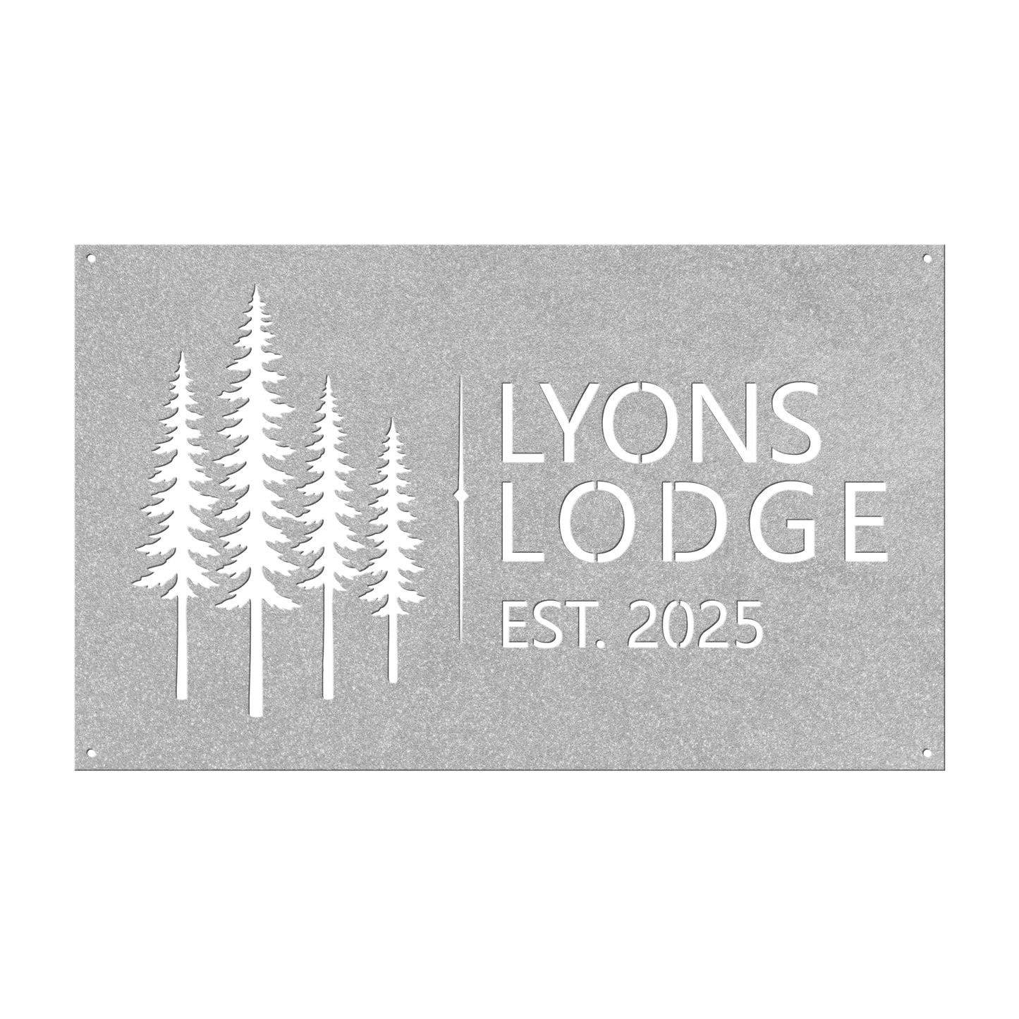 Custom pine tree lodge metal sign in silver — personalized pine tree cabin name wall art