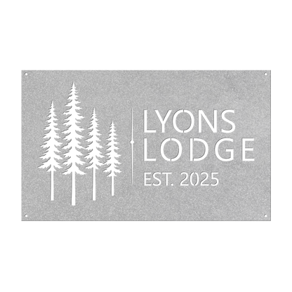 Custom pine tree lodge metal sign in silver — personalized pine tree cabin name wall art