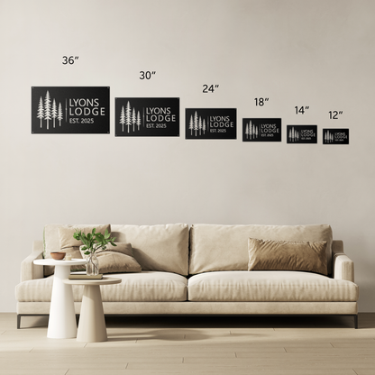 Custom pine tree lodge metal sign size comparison — 12 to 36 inch options