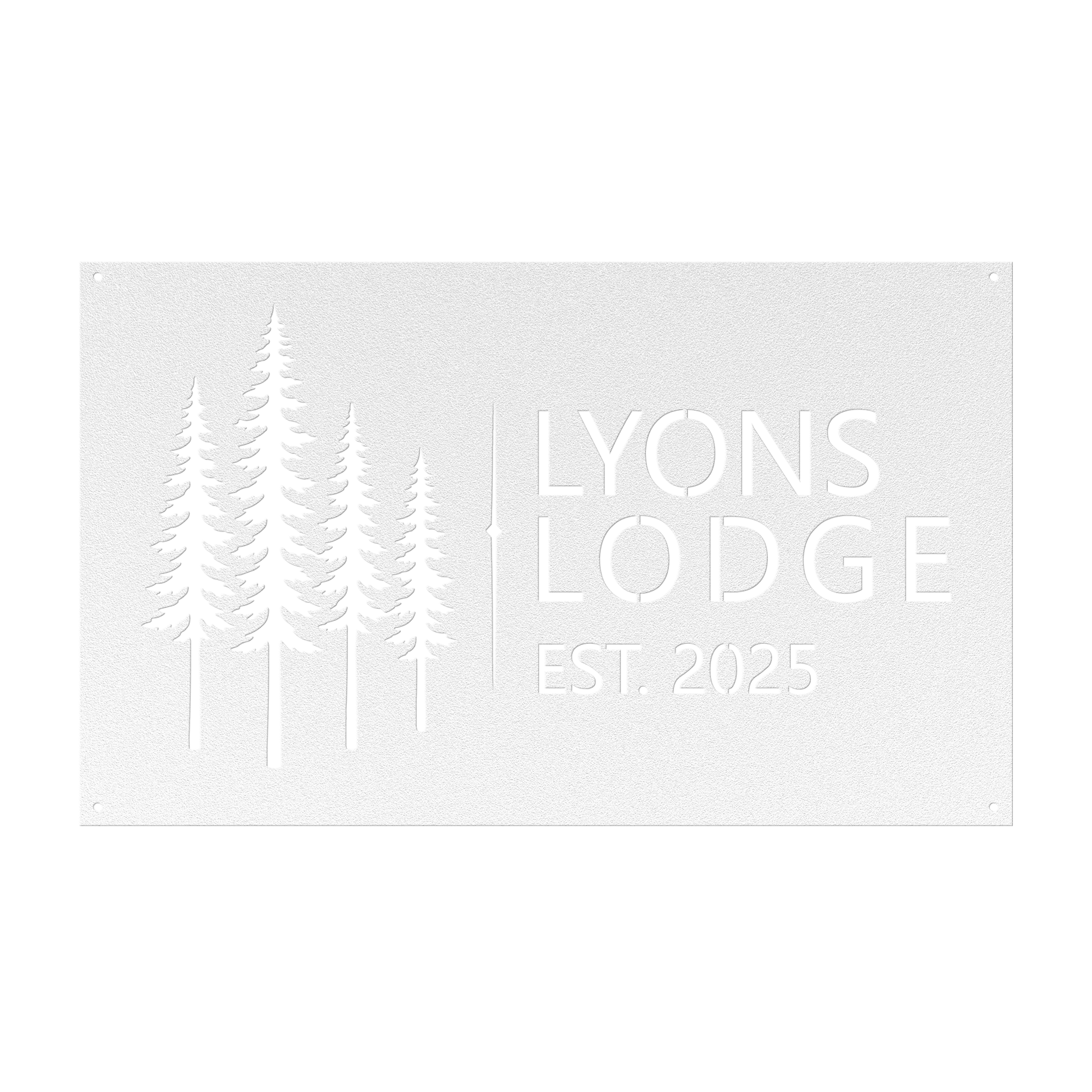 Custom pine tree lodge metal sign in white — personalized pine tree cabin name wall art