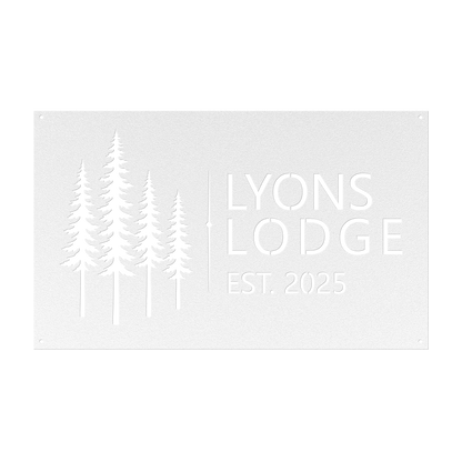 Custom pine tree lodge metal sign in white — personalized pine tree cabin name wall art
