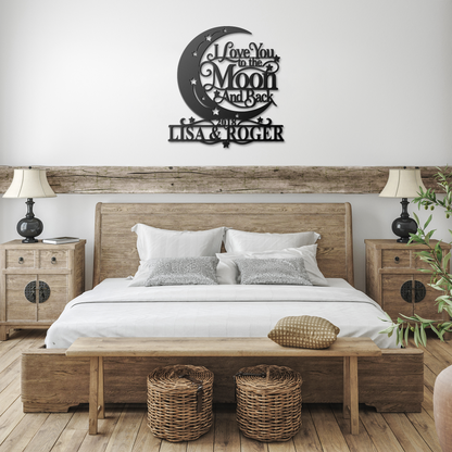 Black custom moon and back couples metal sign in a farmhouse room — personalized couples wall art