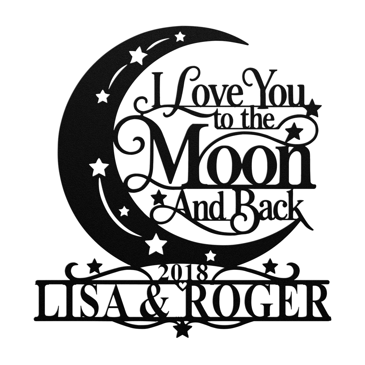 Custom moon and back couples metal sign in black — personalized couples name wall art