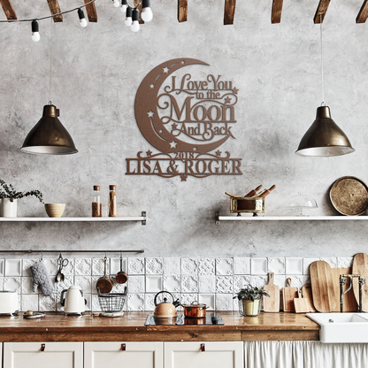 Copper custom moon and back couples metal sign in a rustic kitchen — personalized couples decor