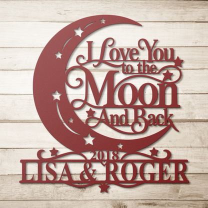 Red custom moon and back couples metal sign on a wood background — personalized couples wall art