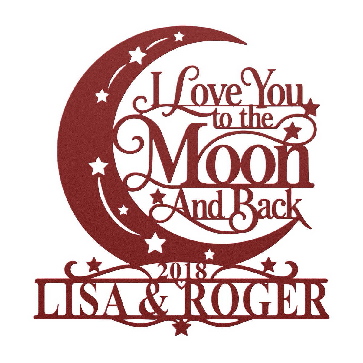 Custom moon and back couples metal sign in red — personalized couples name wall art