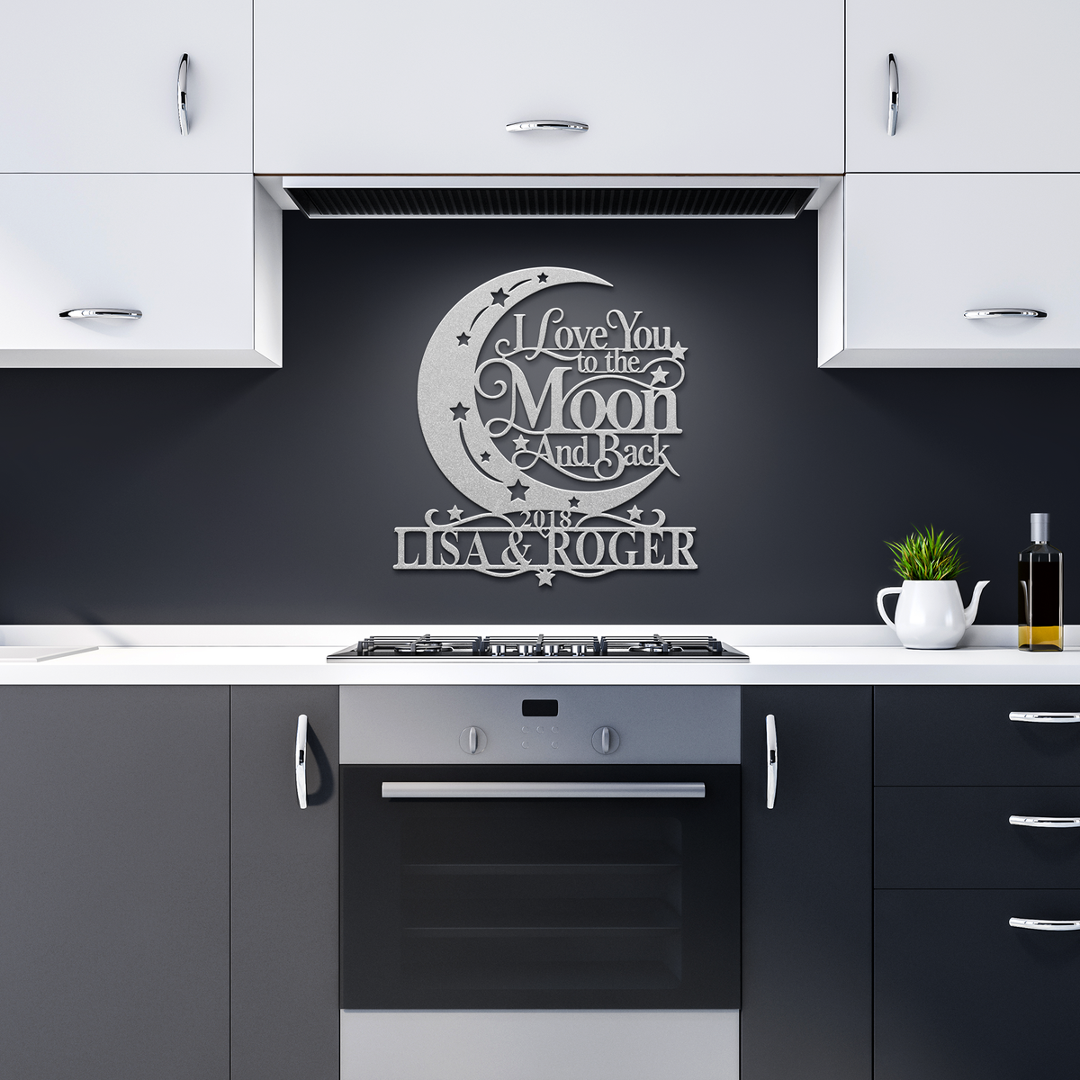 Silver custom moon and back couples metal sign in a dark kitchen — personalized couples decor