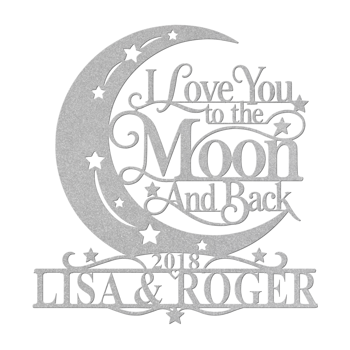 Custom moon and back couples metal sign in silver — personalized couples name wall art
