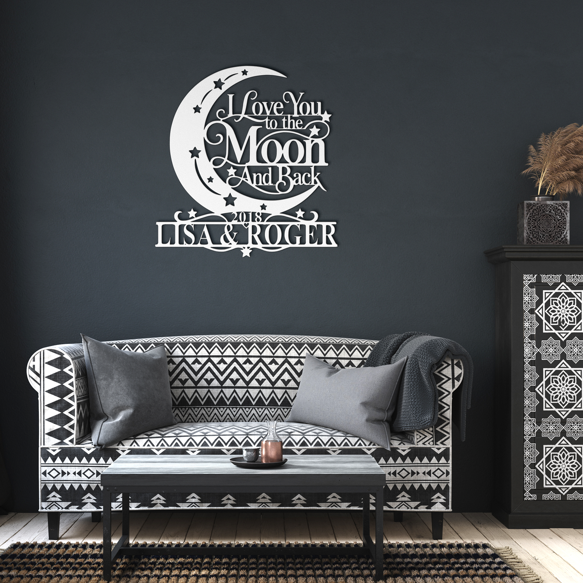 White custom moon and back couples metal sign in a living room — personalized couples wall decor