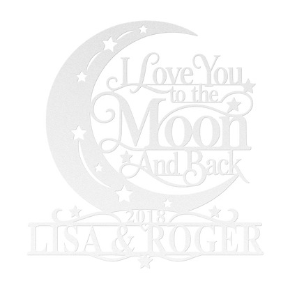 Custom moon and back couples metal sign in white — personalized couples name wall art