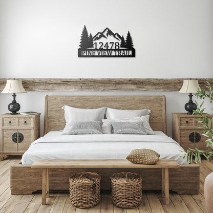 Black custom mountain pine tree address metal sign in farmhouse entryway — personalized house number wall art