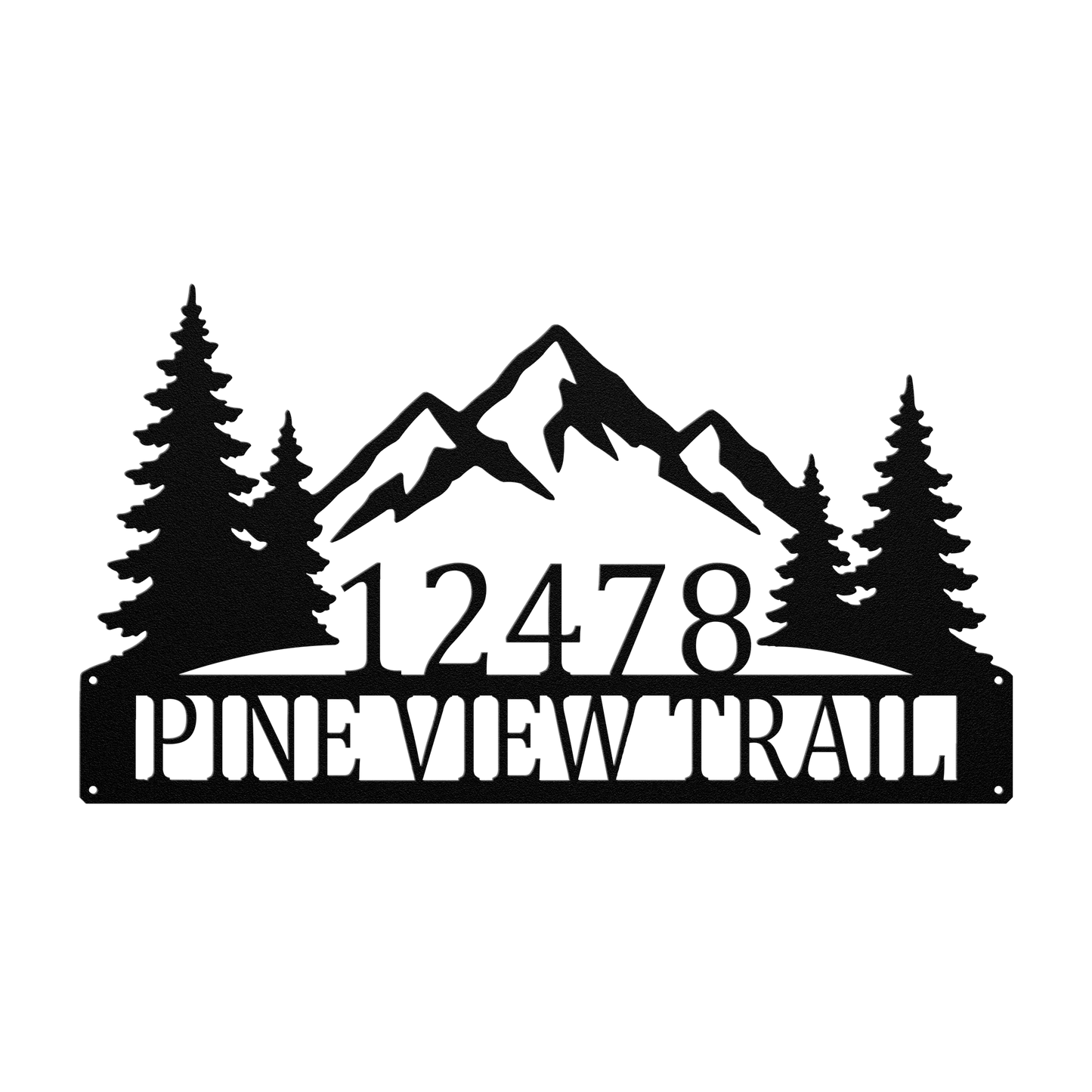 Custom mountain pine tree address metal sign in black — personalized pine tree house number wall art