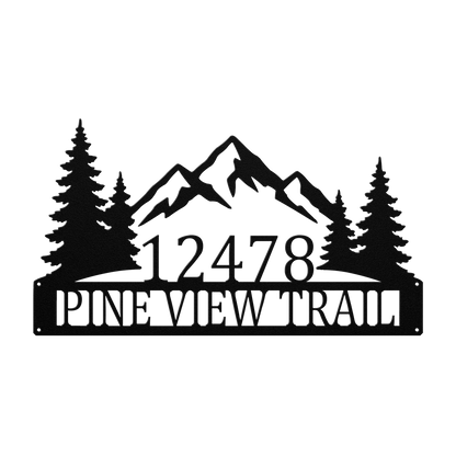 Custom mountain pine tree address metal sign in black — personalized pine tree house number wall art