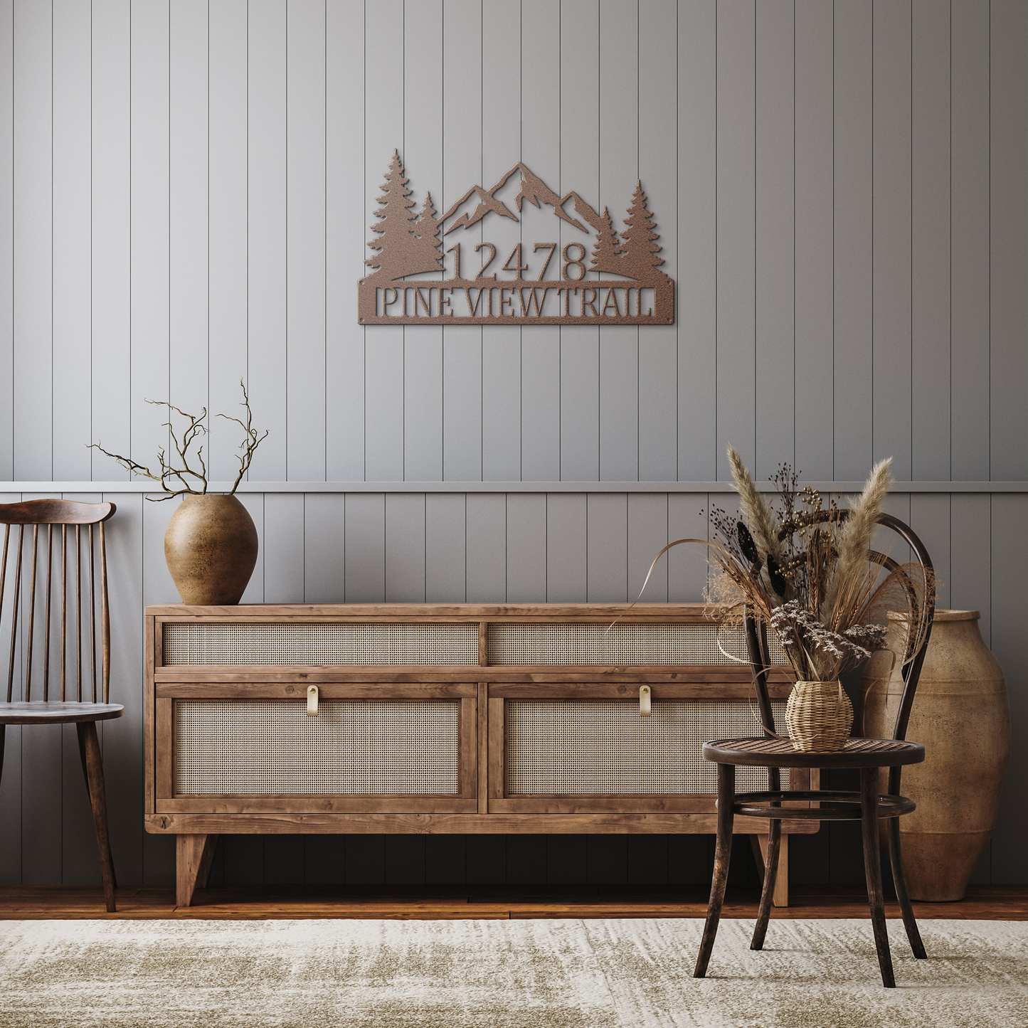 Copper custom mountain pine tree address metal sign in rustic hallway — personalized house number wall art