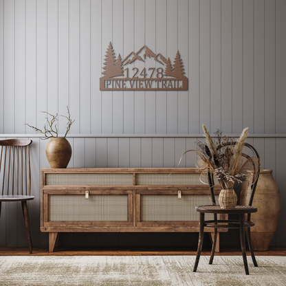 Copper custom mountain pine tree address metal sign in rustic hallway — personalized house number wall art