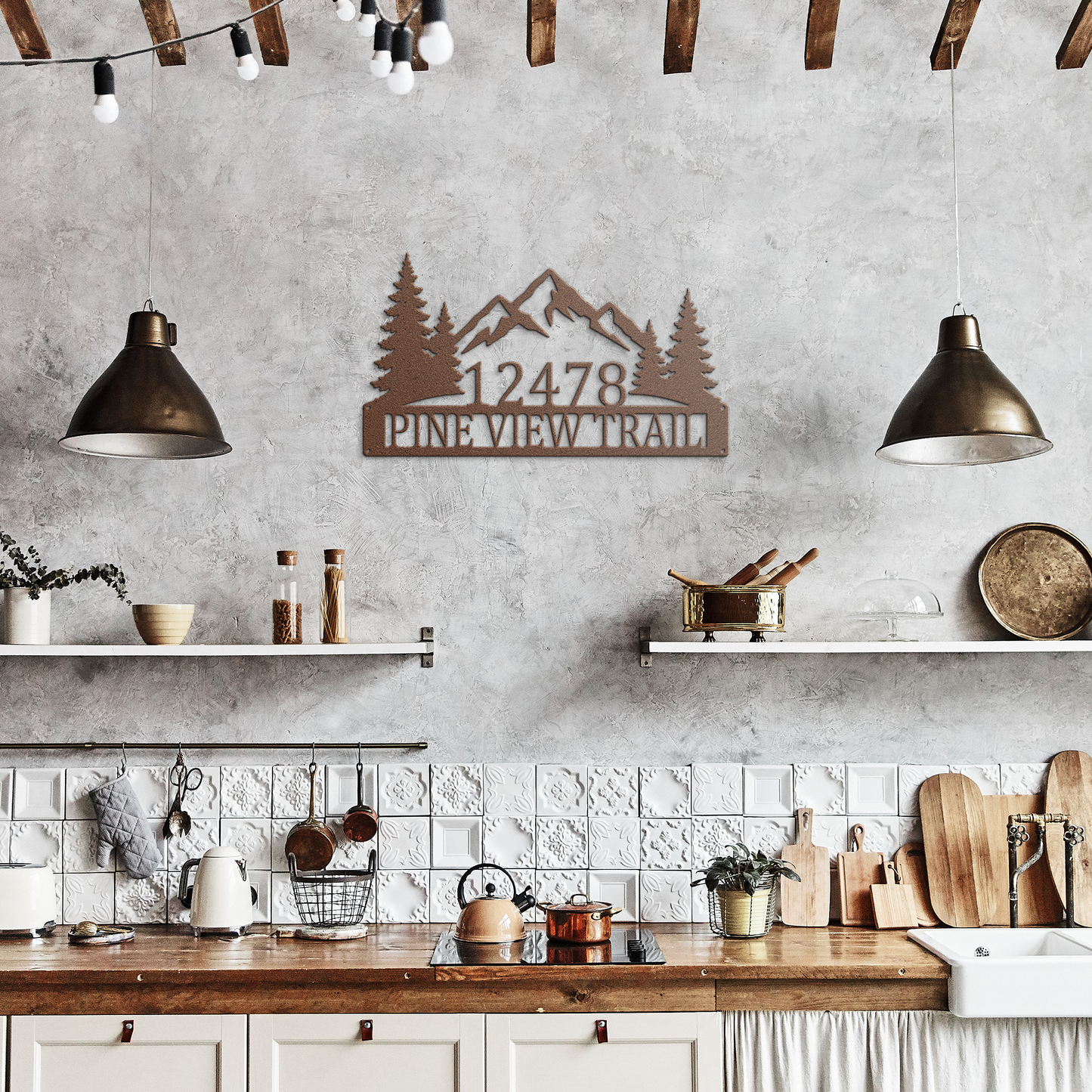 Copper custom mountain pine tree address metal sign in rustic kitchen — personalized house number decor