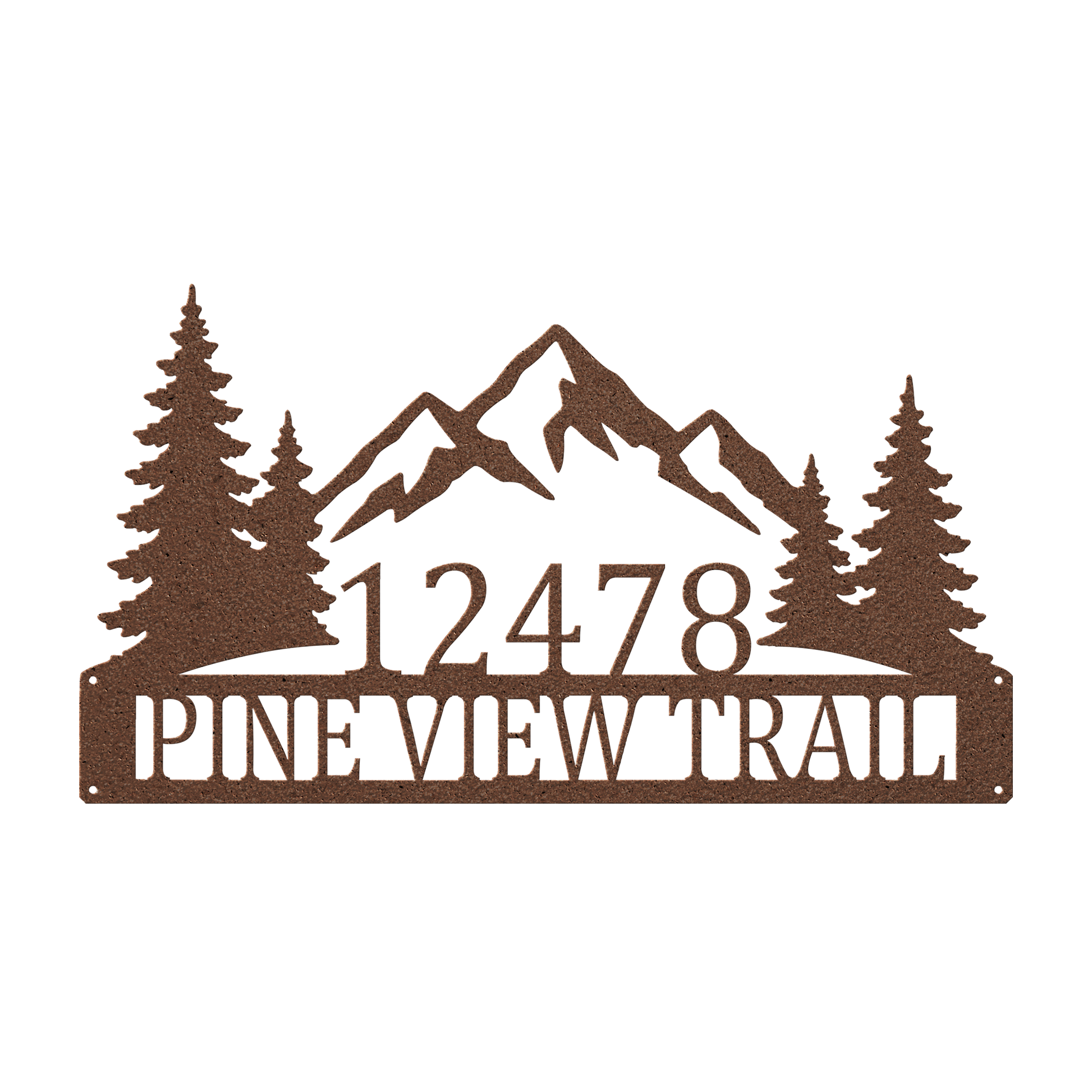 Custom mountain pine tree address metal sign in copper — personalized pine tree house number wall art