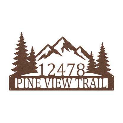 Custom mountain pine tree address metal sign in copper — personalized pine tree house number wall art