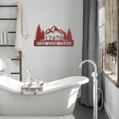 Red custom mountain pine tree address metal sign in modern entryway — personalized house number decor