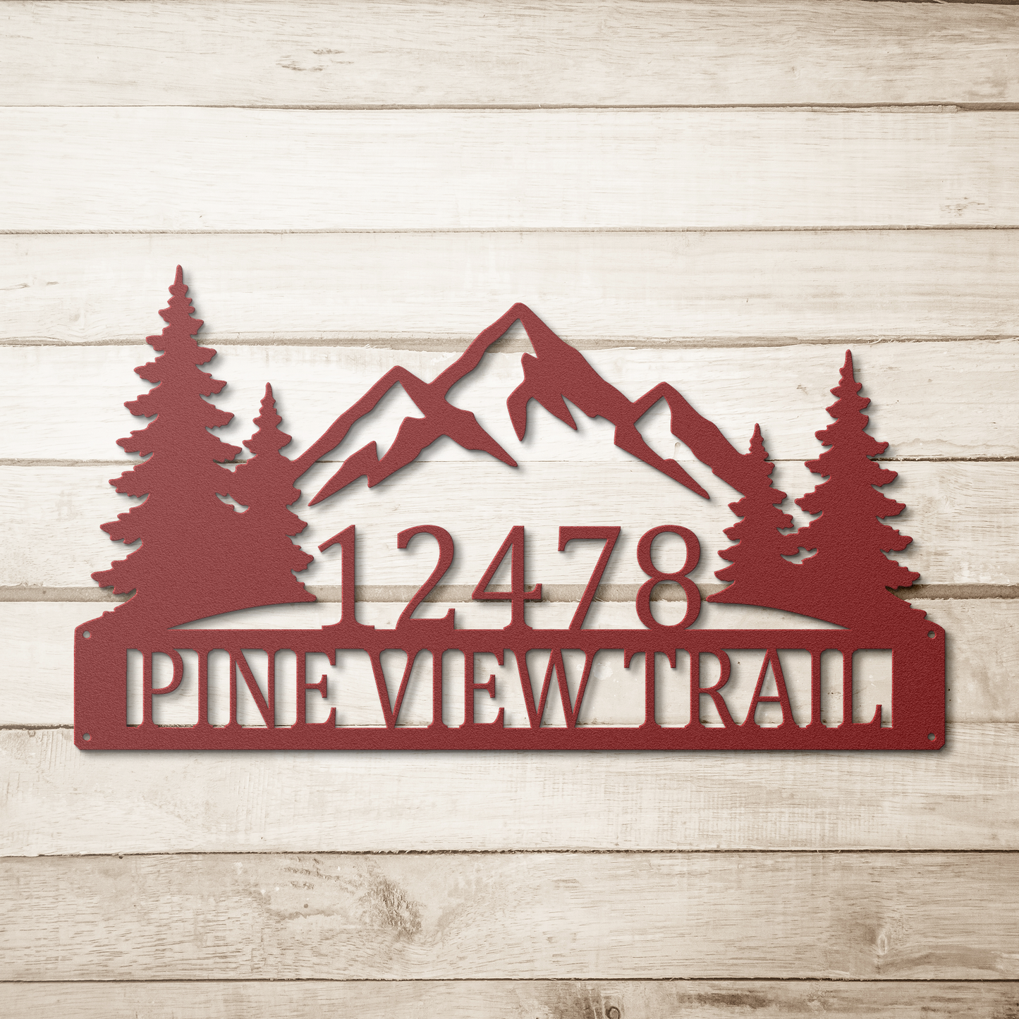 Red custom mountain pine tree address metal sign on wood background — personalized house number wall art