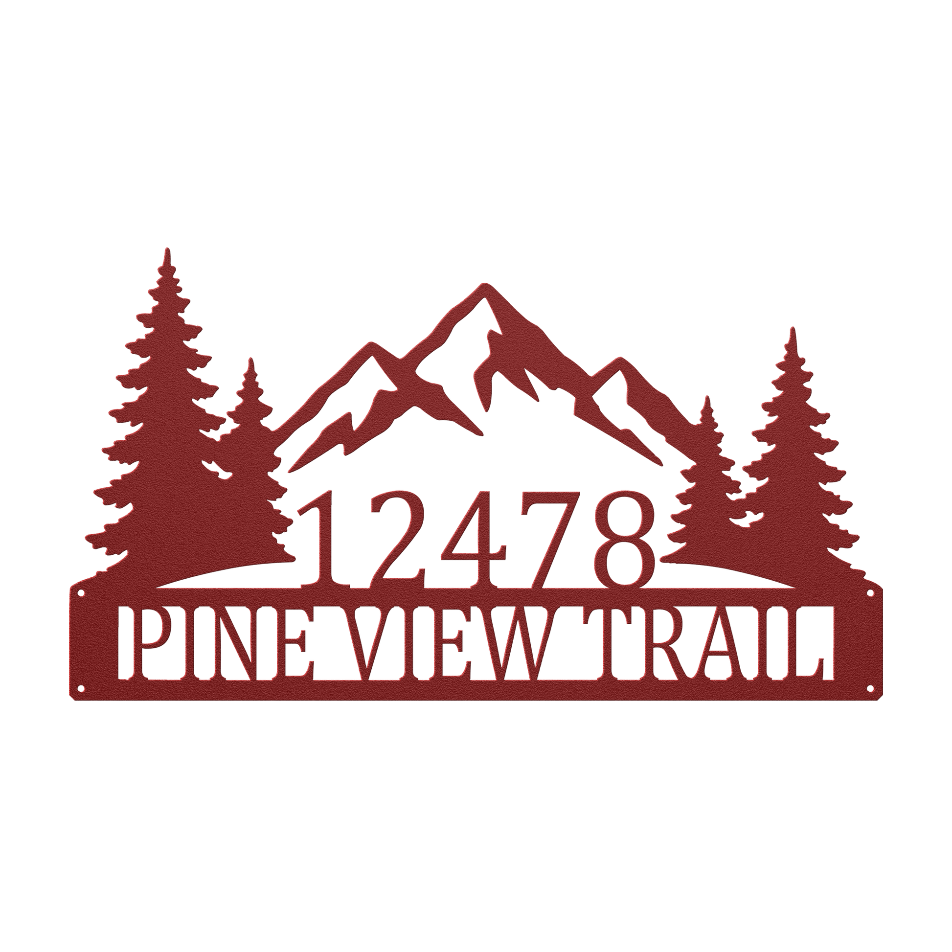 Custom mountain pine tree address metal sign in red — personalized pine tree house number wall art