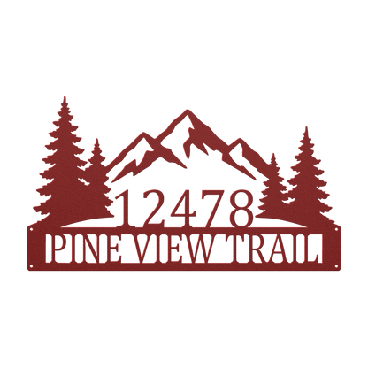 Custom mountain pine tree address metal sign in red — personalized pine tree house number wall art