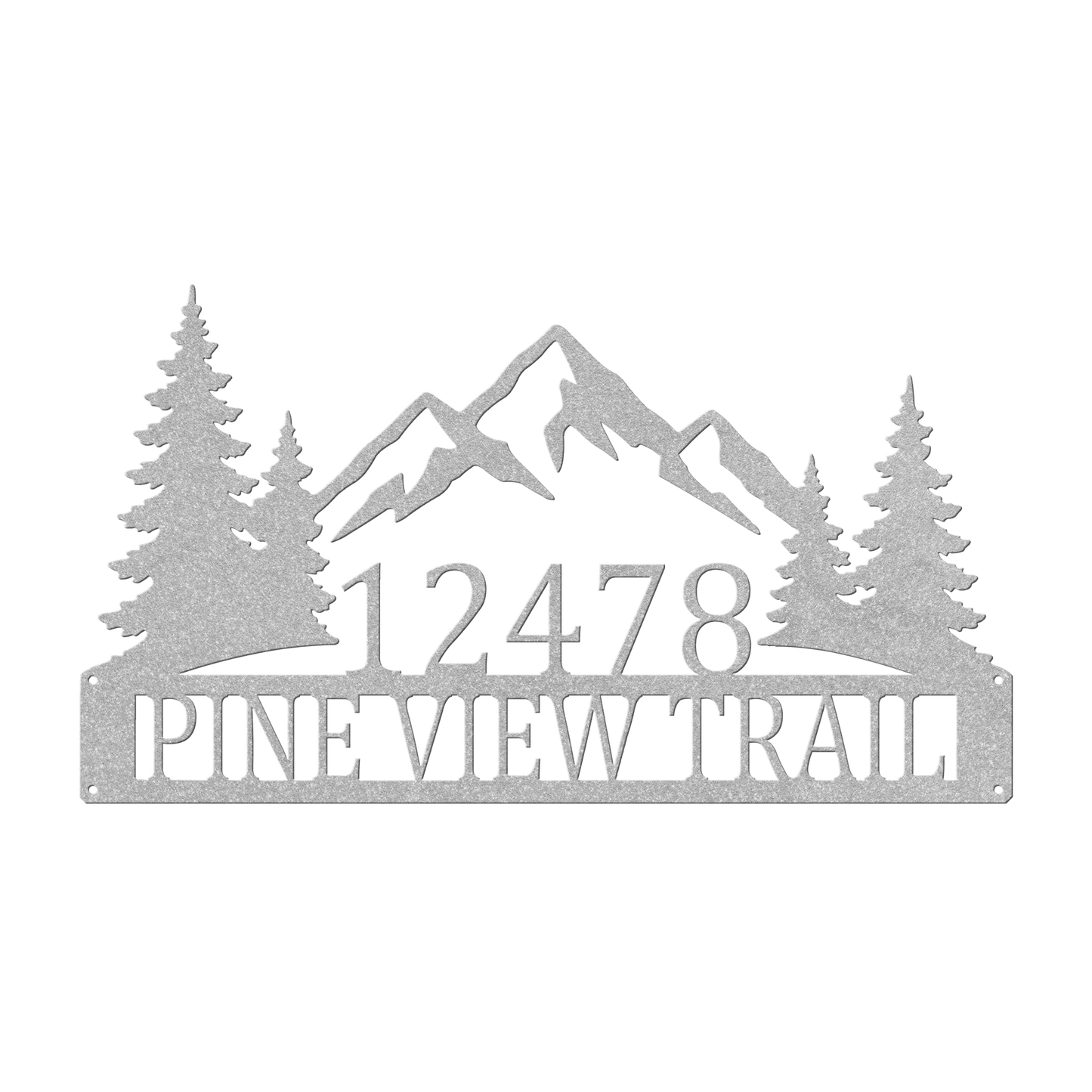 Custom mountain pine tree address metal sign in silver — personalized pine tree house number wall art