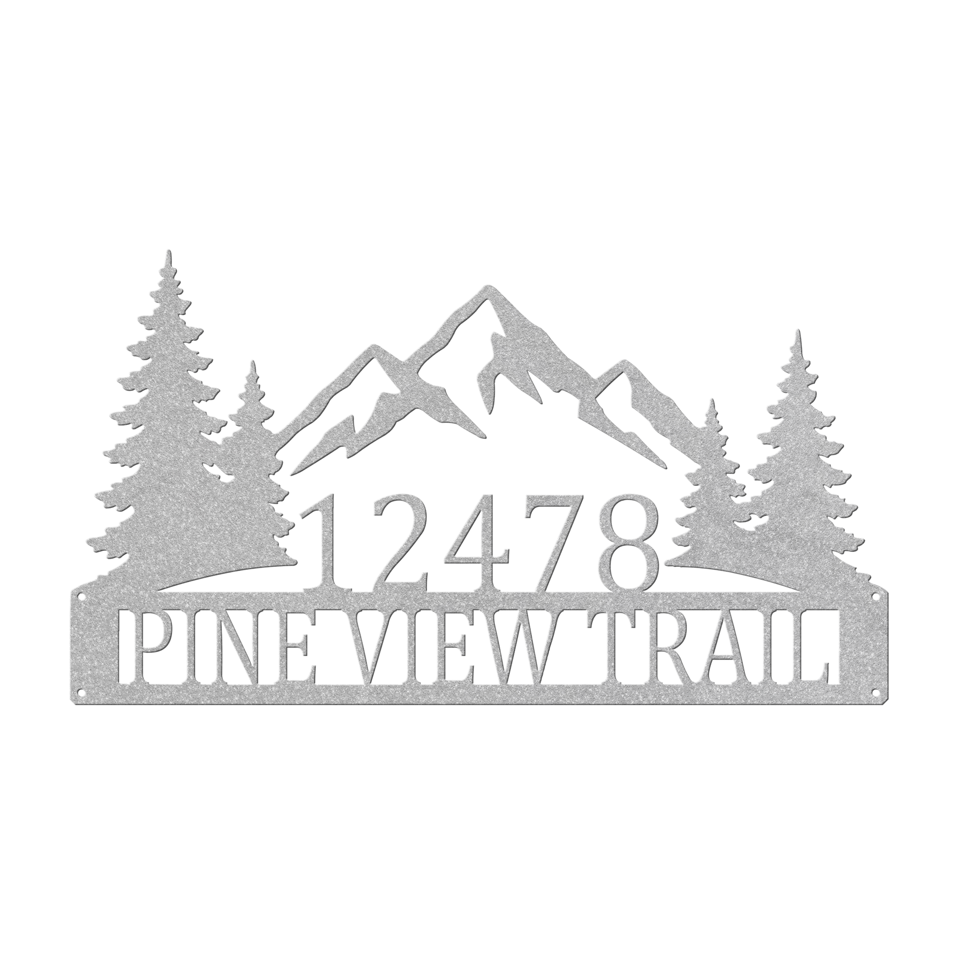 Custom mountain pine tree address metal sign in silver — personalized pine tree house number wall art