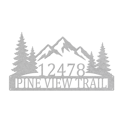 Custom mountain pine tree address metal sign in silver — personalized pine tree house number wall art