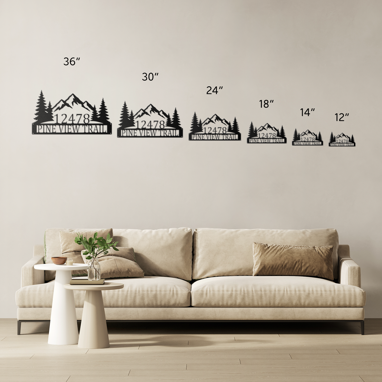 Custom mountain pine tree address metal sign size comparison — 12 to 36 inch options
