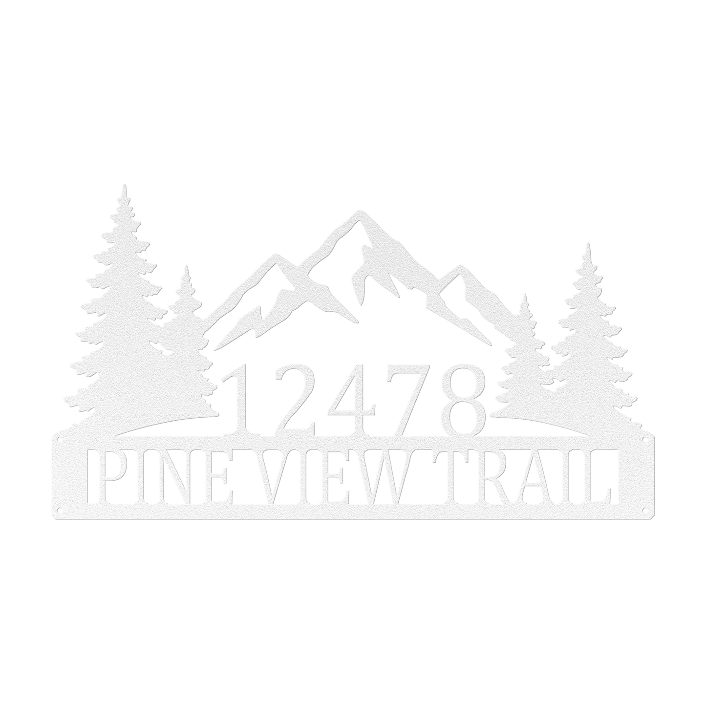Custom mountain pine tree address metal sign in white — personalized pine tree house number wall art