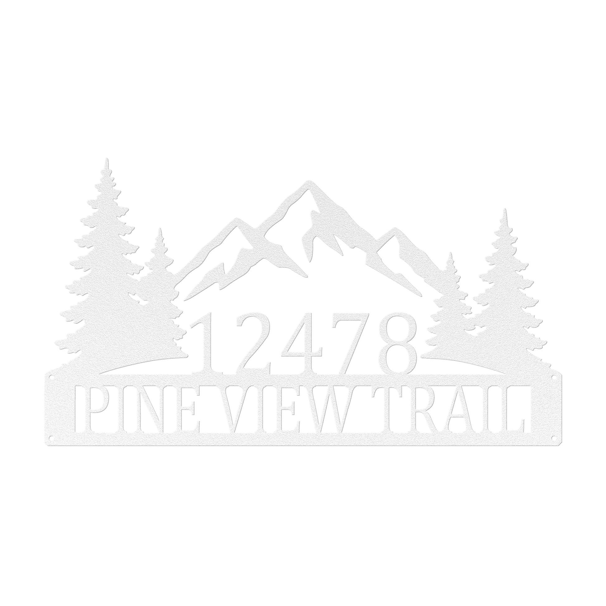 Custom mountain pine tree address metal sign in white — personalized pine tree house number wall art