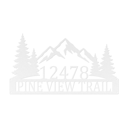 Custom mountain pine tree address metal sign in white — personalized pine tree house number wall art