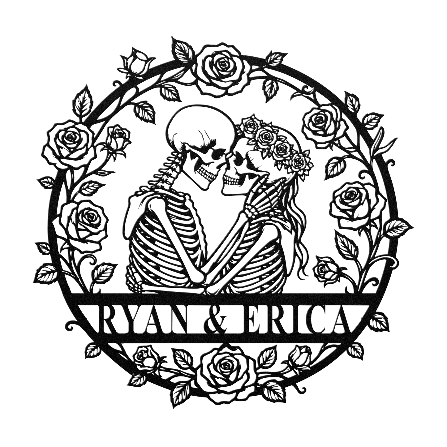 Close up of plasma-cut skeleton couple metal sign — personalized names and date detail