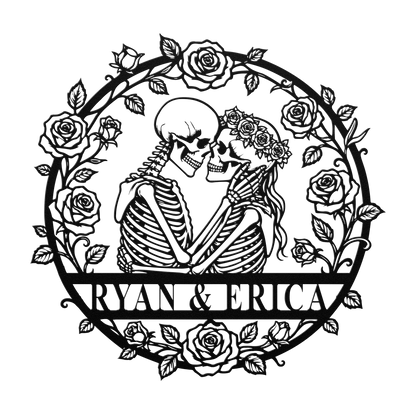 Close up of plasma-cut skeleton couple metal sign — personalized names and date detail