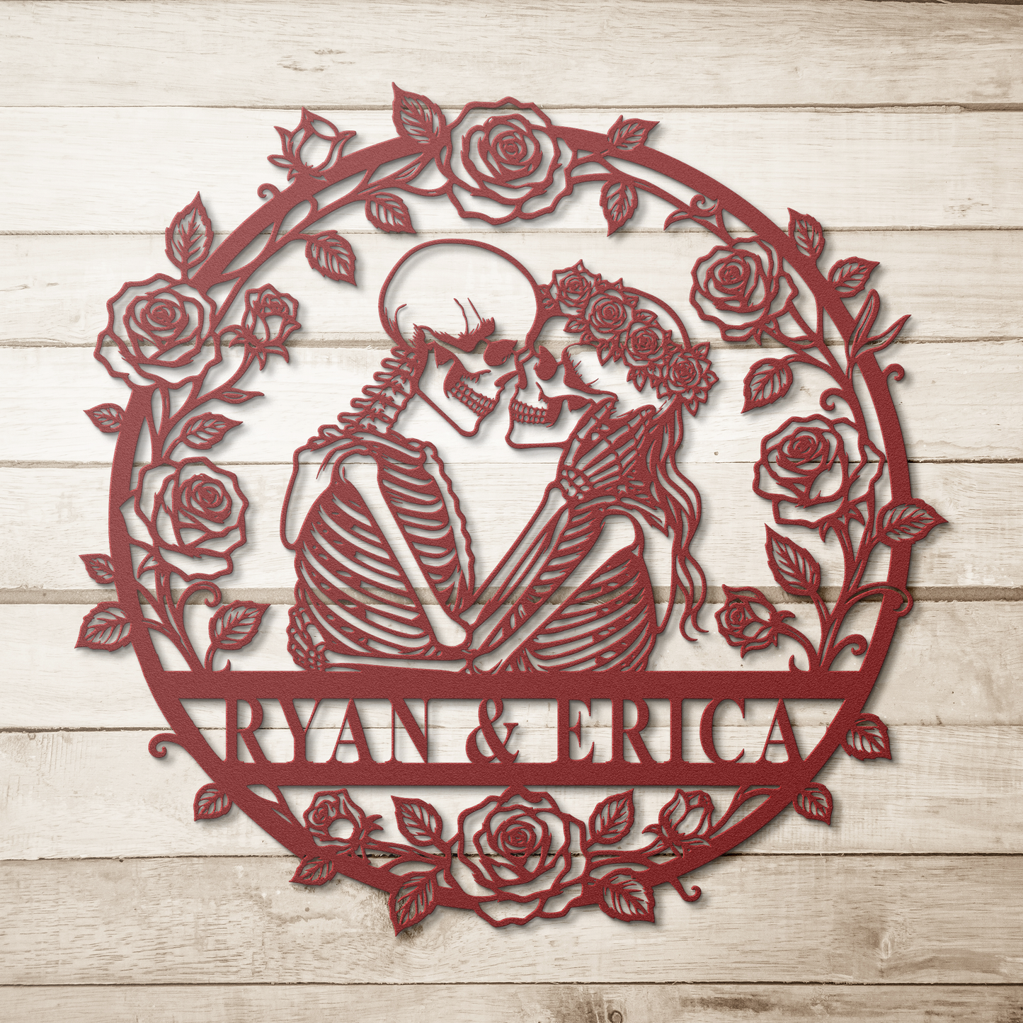Personalized skull couple metal sign in red — gothic Valentine's Day gift for couples