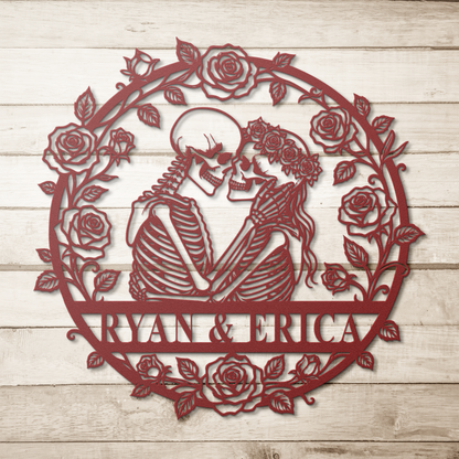 Personalized skull couple metal sign in red — gothic Valentine's Day gift for couples