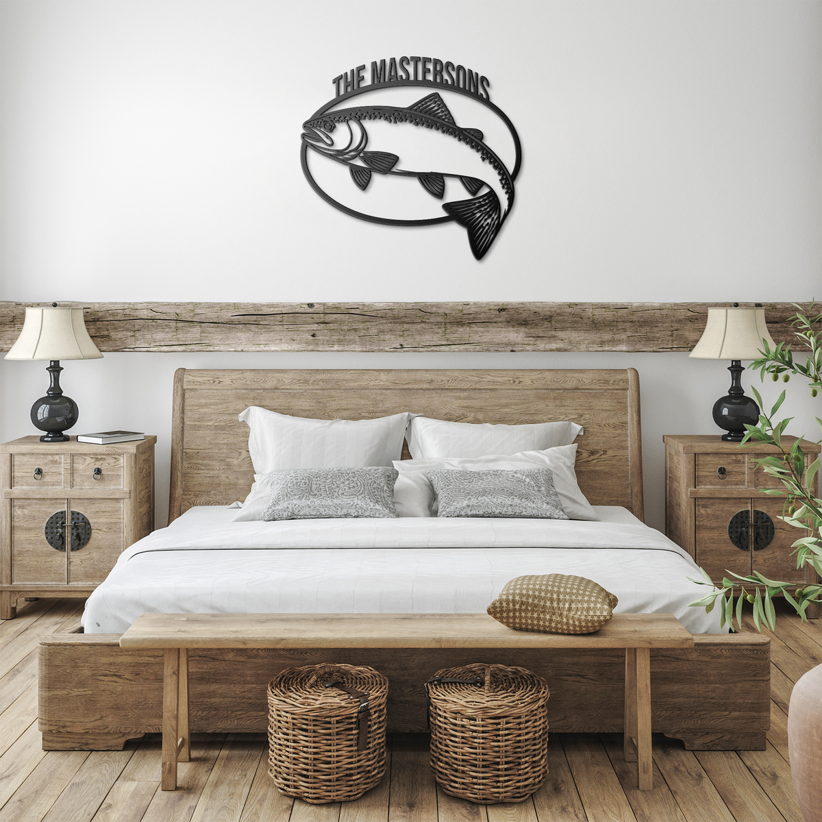 Black custom trout fishing metal sign in a farmhouse room — personalized angler wall decor