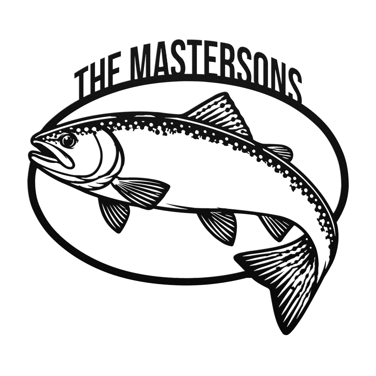 Custom trout fishing metal sign in black — personalized family name wall art