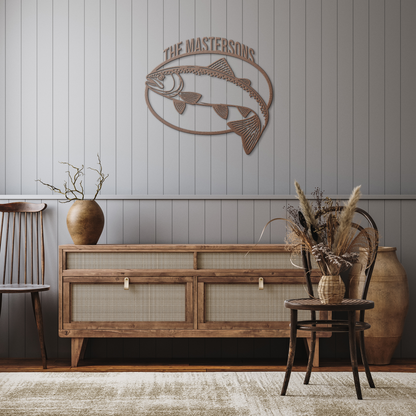 Copper custom trout fishing metal sign in a rustic hallway — personalized angler wall decor