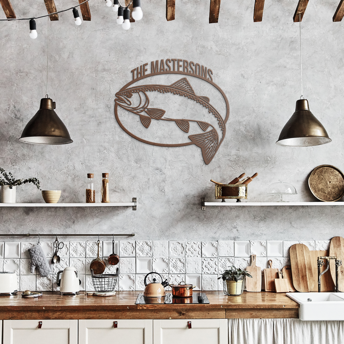 Copper custom trout fishing metal sign in a rustic kitchen — personalized angler wall decor