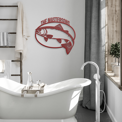 Red custom trout fishing metal sign in a modern room — personalized angler wall decor