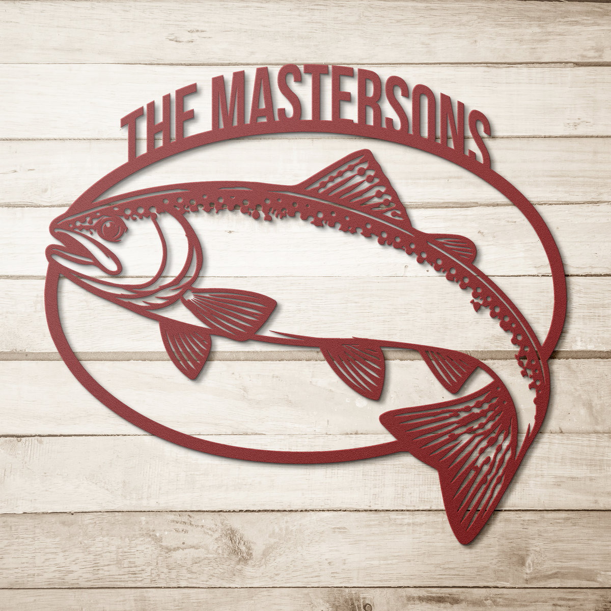 Red custom trout fishing metal sign on a wood background — personalized angler wall decor