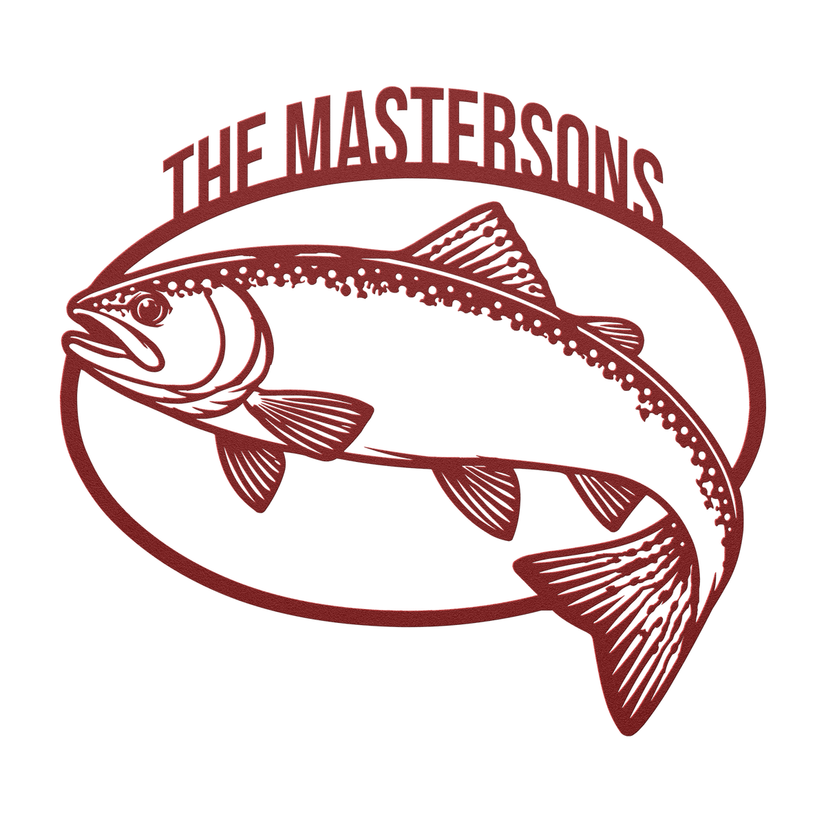 Custom trout fishing metal sign in red — personalized family name wall art